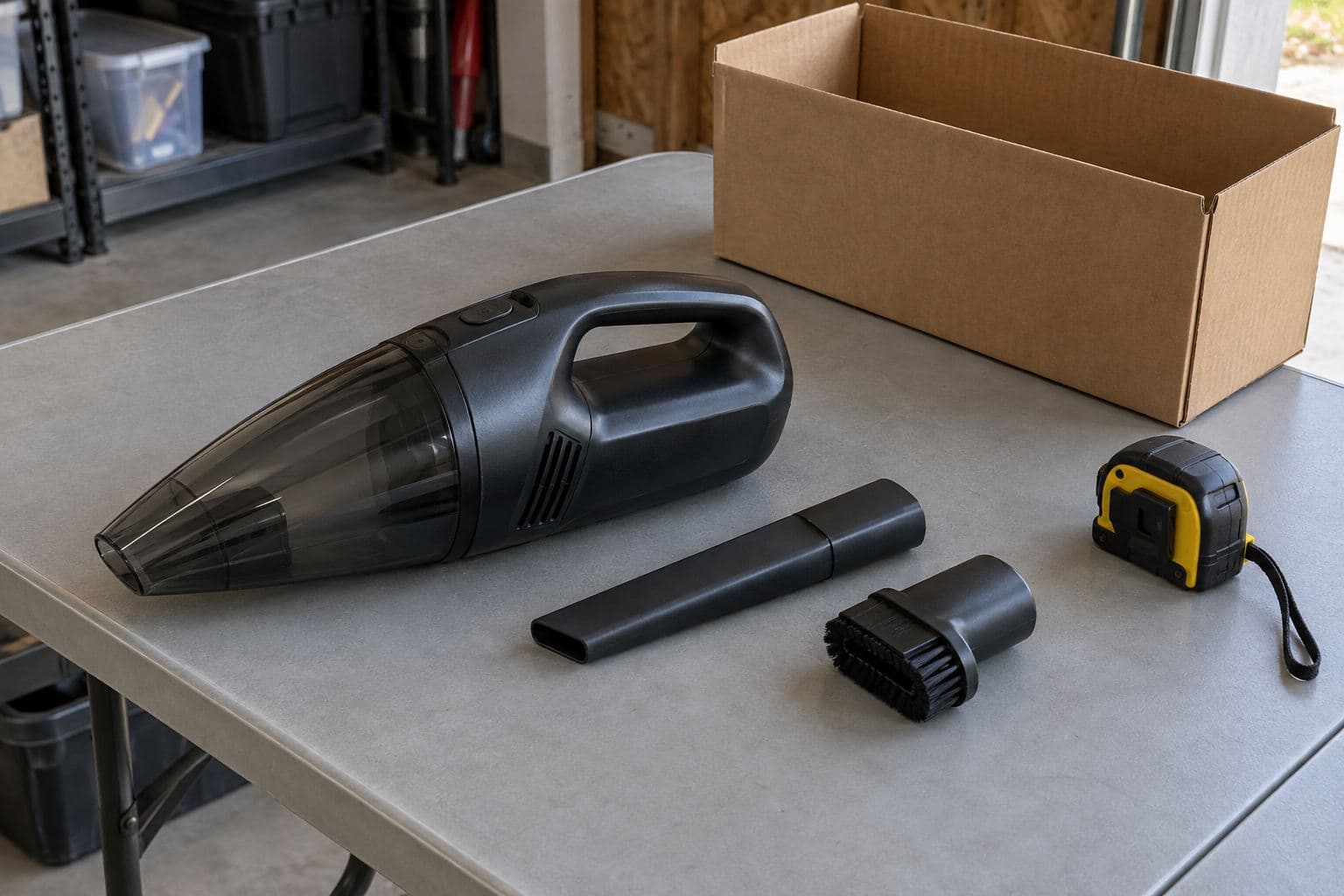 Unbranded handheld vacuum with separate attachments and a measuring tape