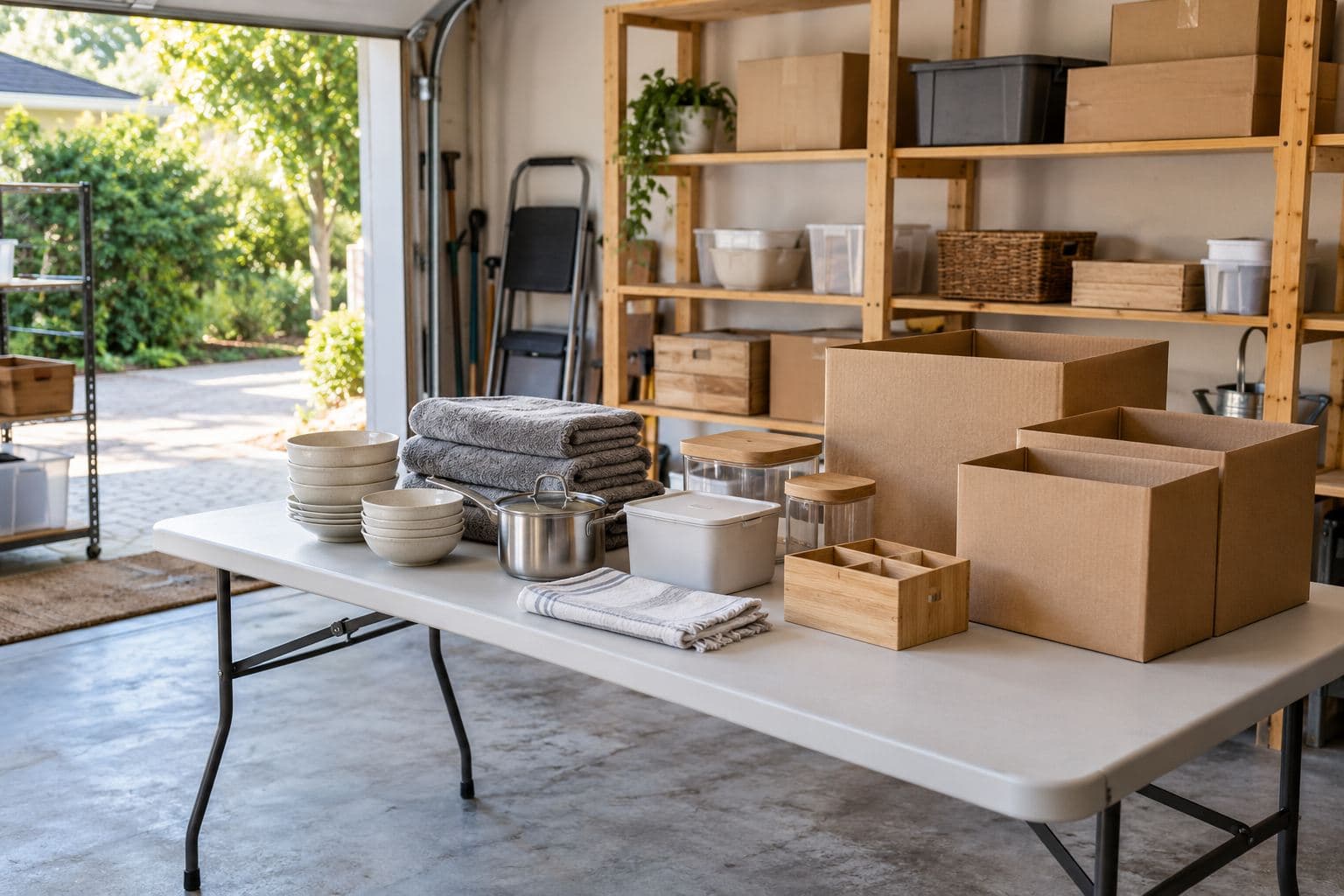 Mixed household goods beside plain empty boxes on a garage table
