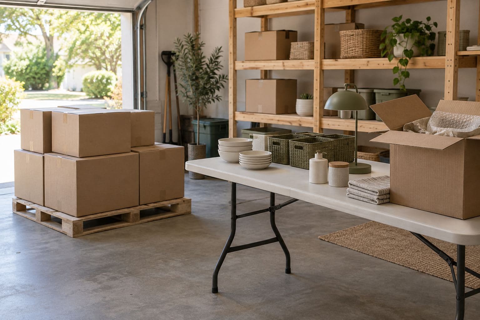 Plain pallet beside a garage table with household goods and an open packing carton