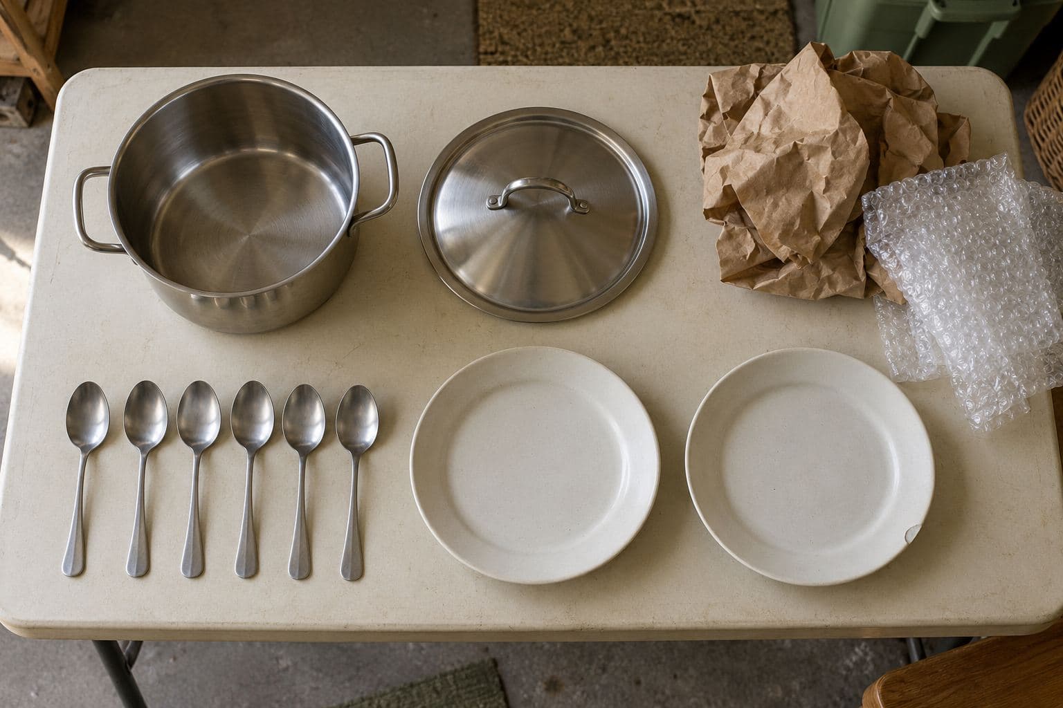 Pot, separate lid, six spoons and two plates, one chipped, arranged for inspection