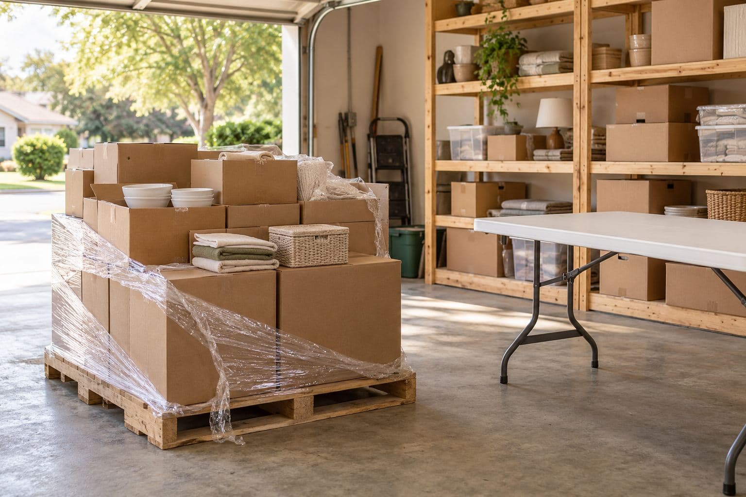 Partly unwrapped household merchandise pallet beside an empty garage sorting table