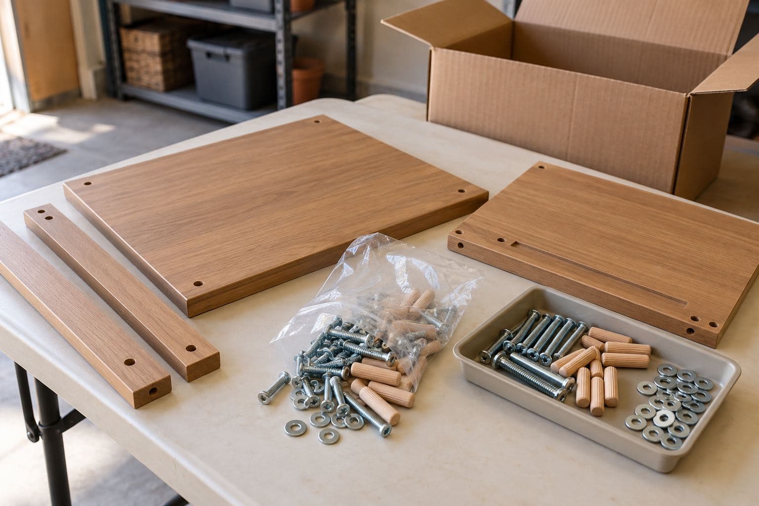 Furniture hardware separated into a tray beside flat wooden panels awaiting assembly