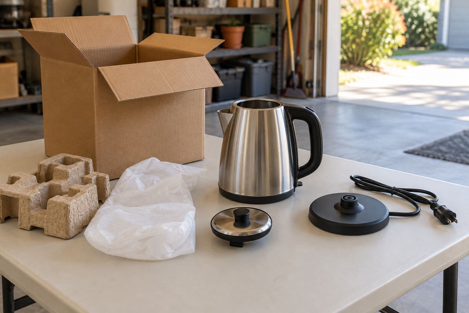 Unplugged electric kettle, base and lid beside an opened plain carton on an inspection table