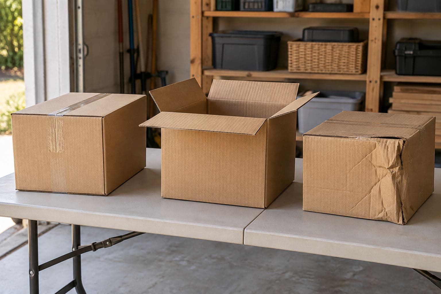 Three plain cartons showing sealed, opened and crushed packaging on a folding table