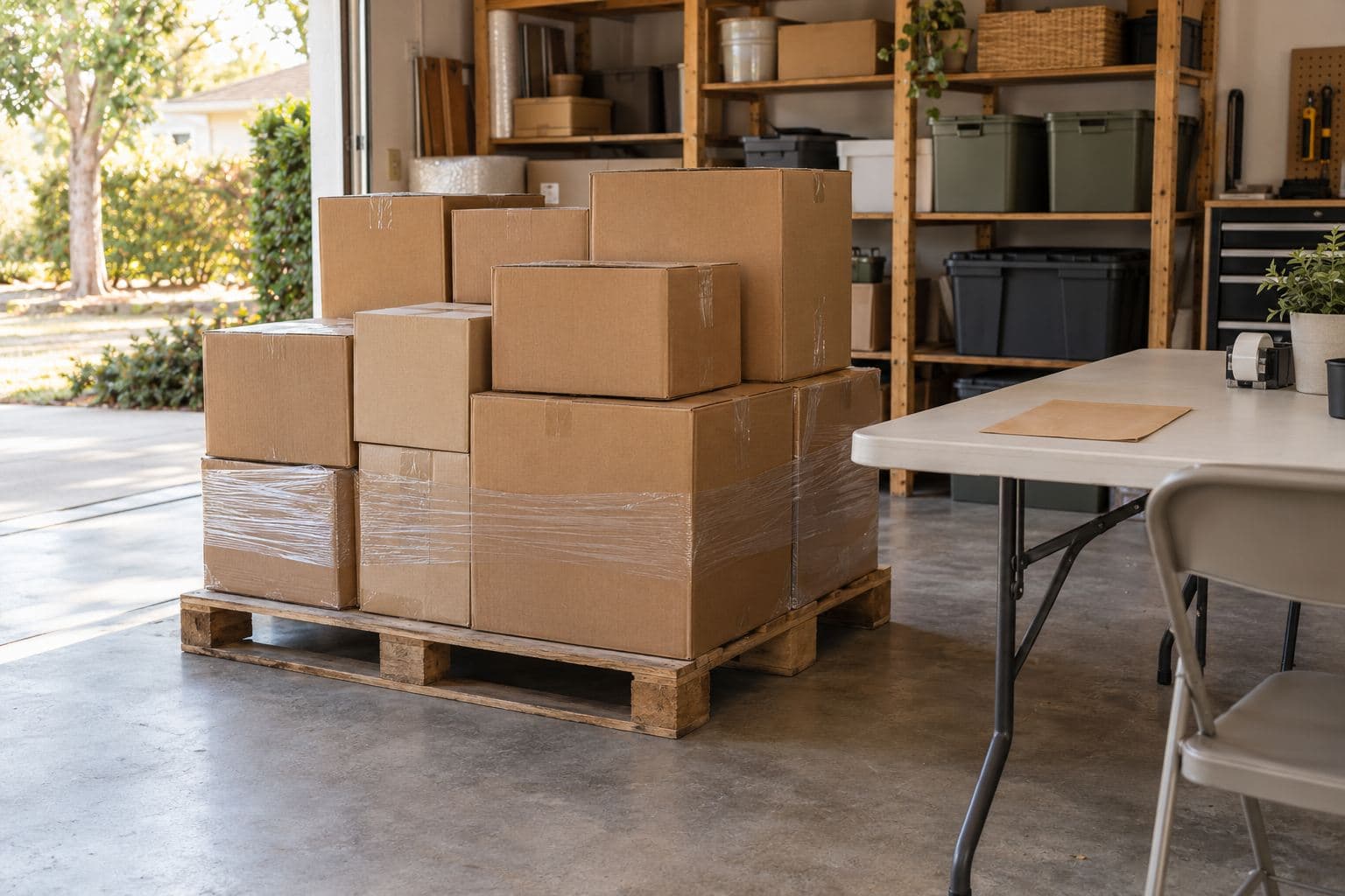 Mixed plain cartons on a low pallet beside a table with a face-down inventory sheet