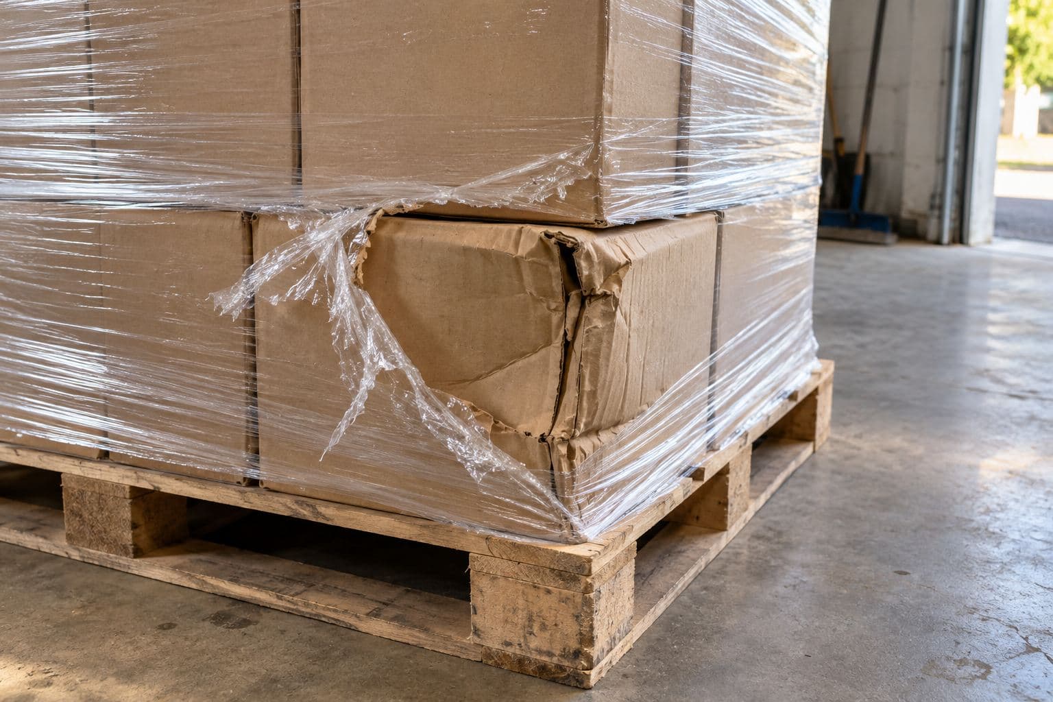 Torn stretch wrap and a crushed corner on an unmarked freight carton