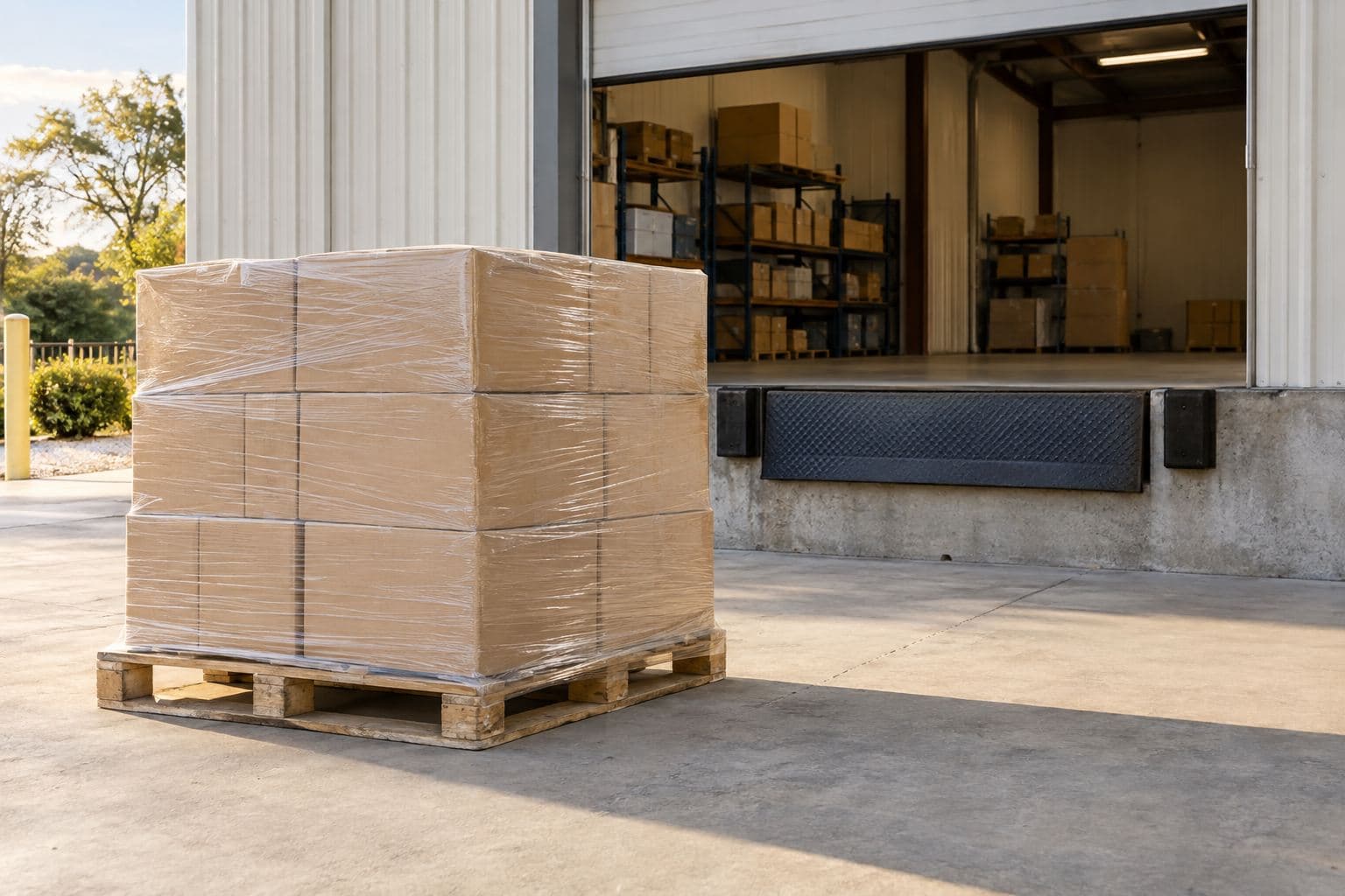 A plain wrapped pallet beside an empty dock and clear receiving space