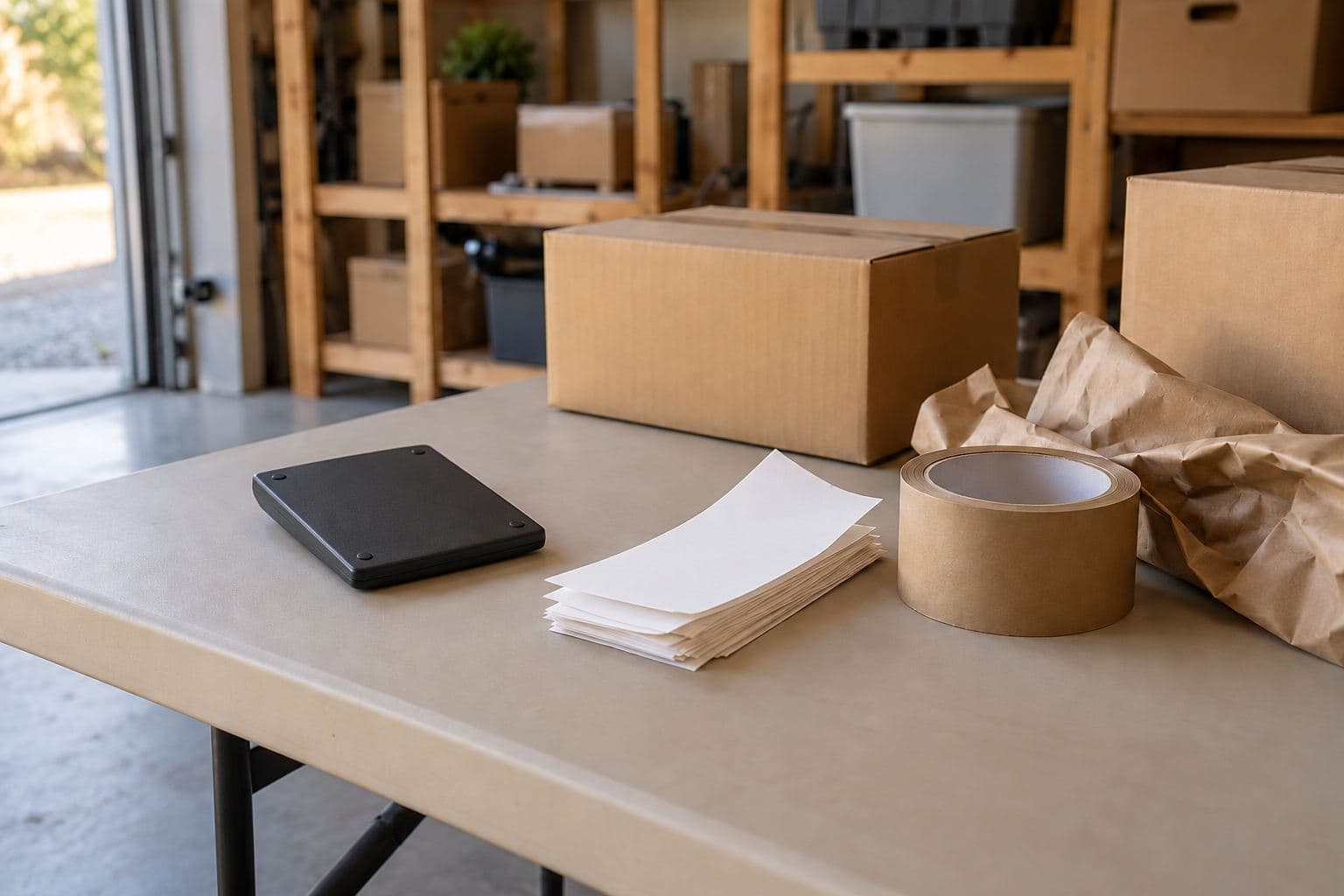 Calculator and blank-backed receipts beside packing supplies