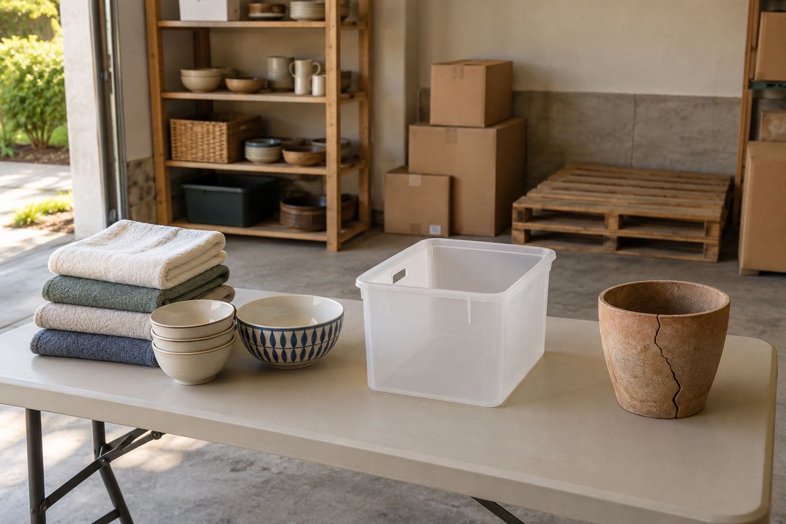 Housewares sorted into separate groups on a garage table