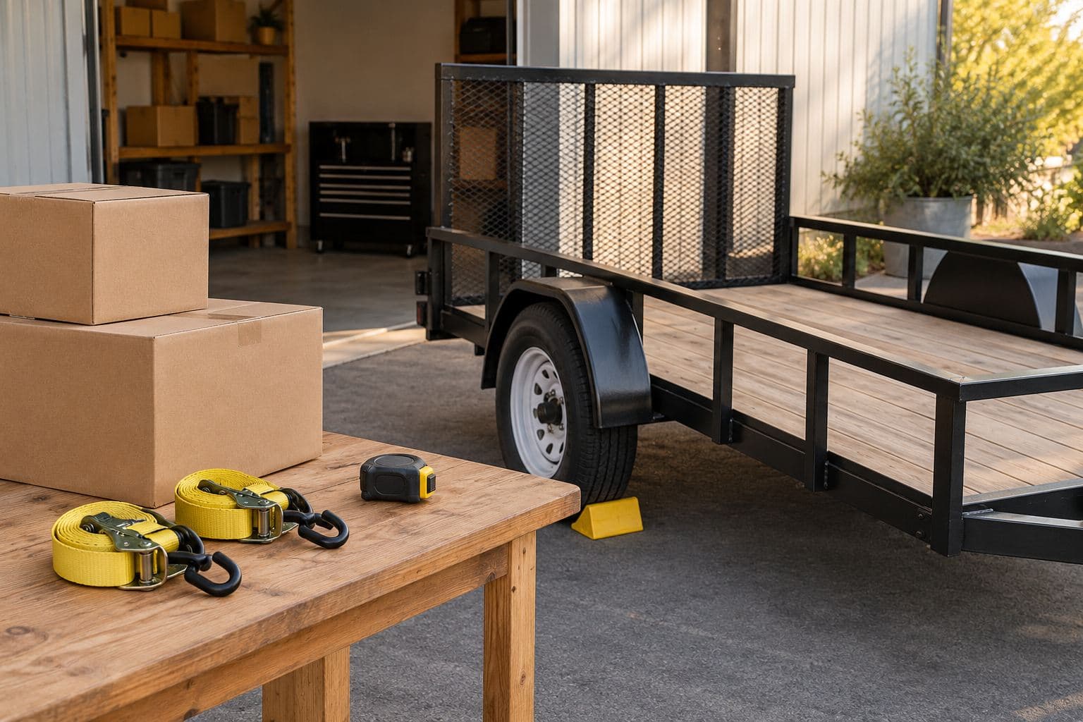 Plain cartons, a tape measure, and tie-down straps beside a parked trailer