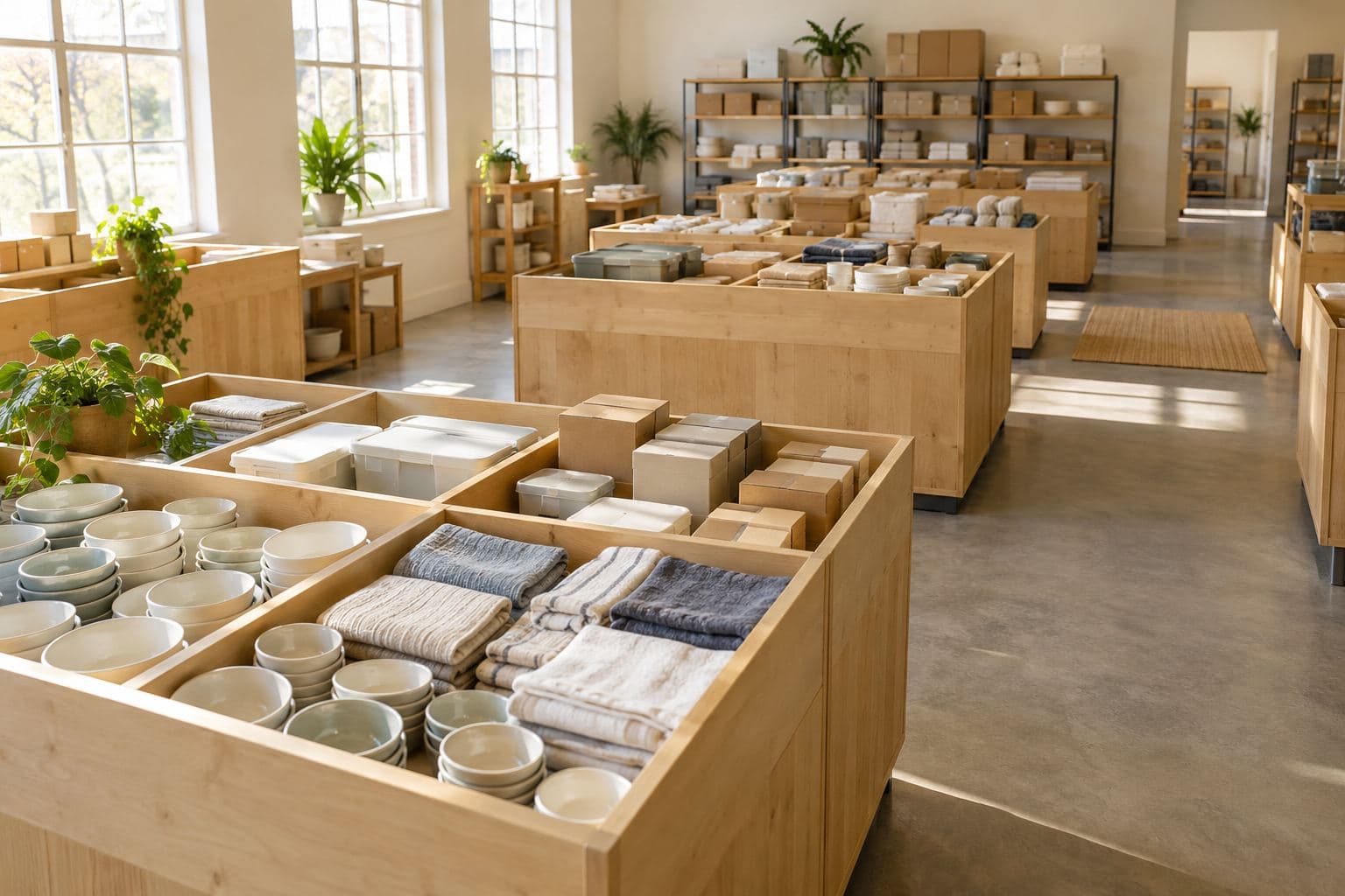 Plain bowls, folded textiles, and cartons in shallow wooden retail bins