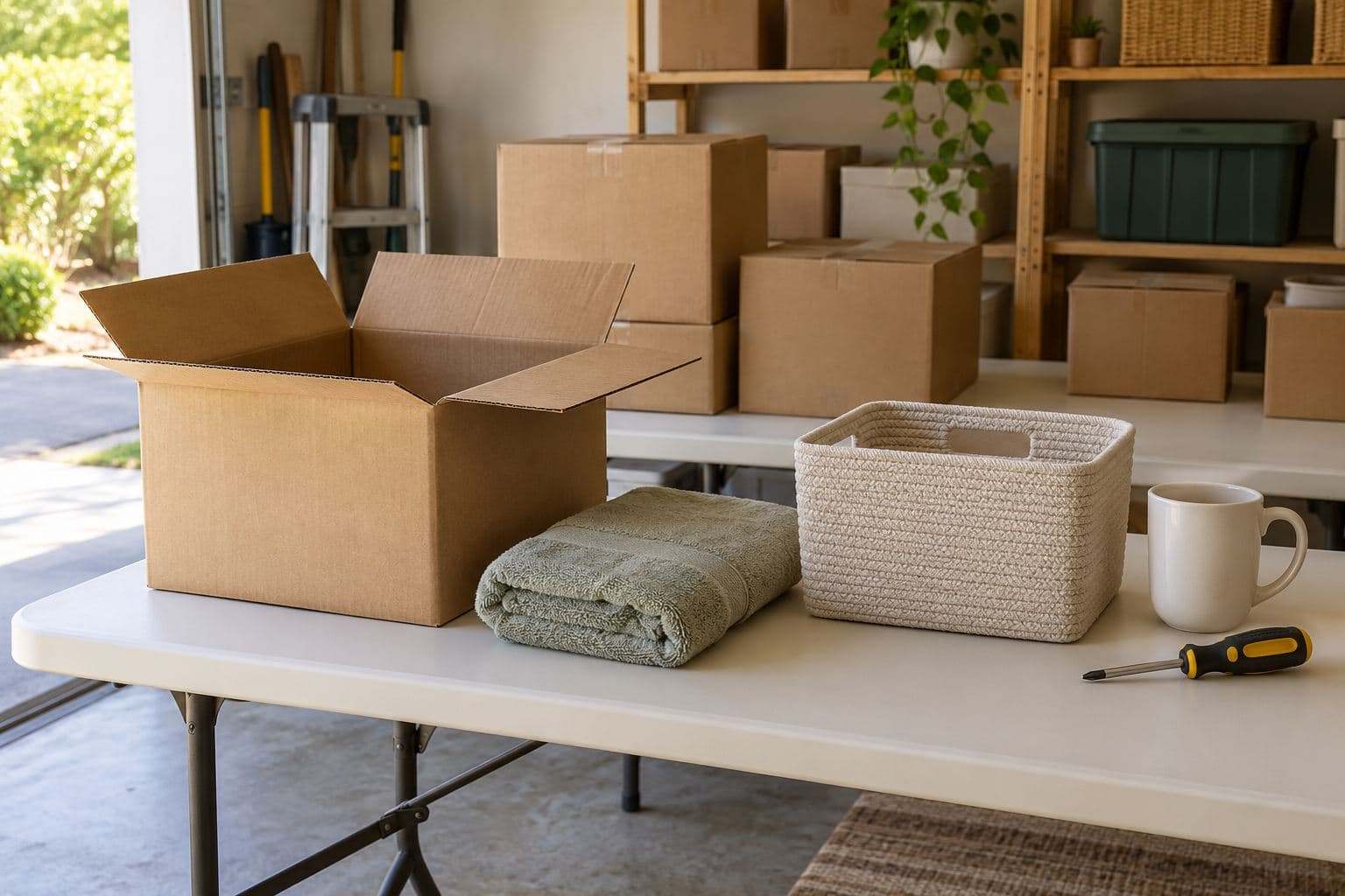 Open sample carton with a towel, basket, mug and screwdriver beside closed boxes