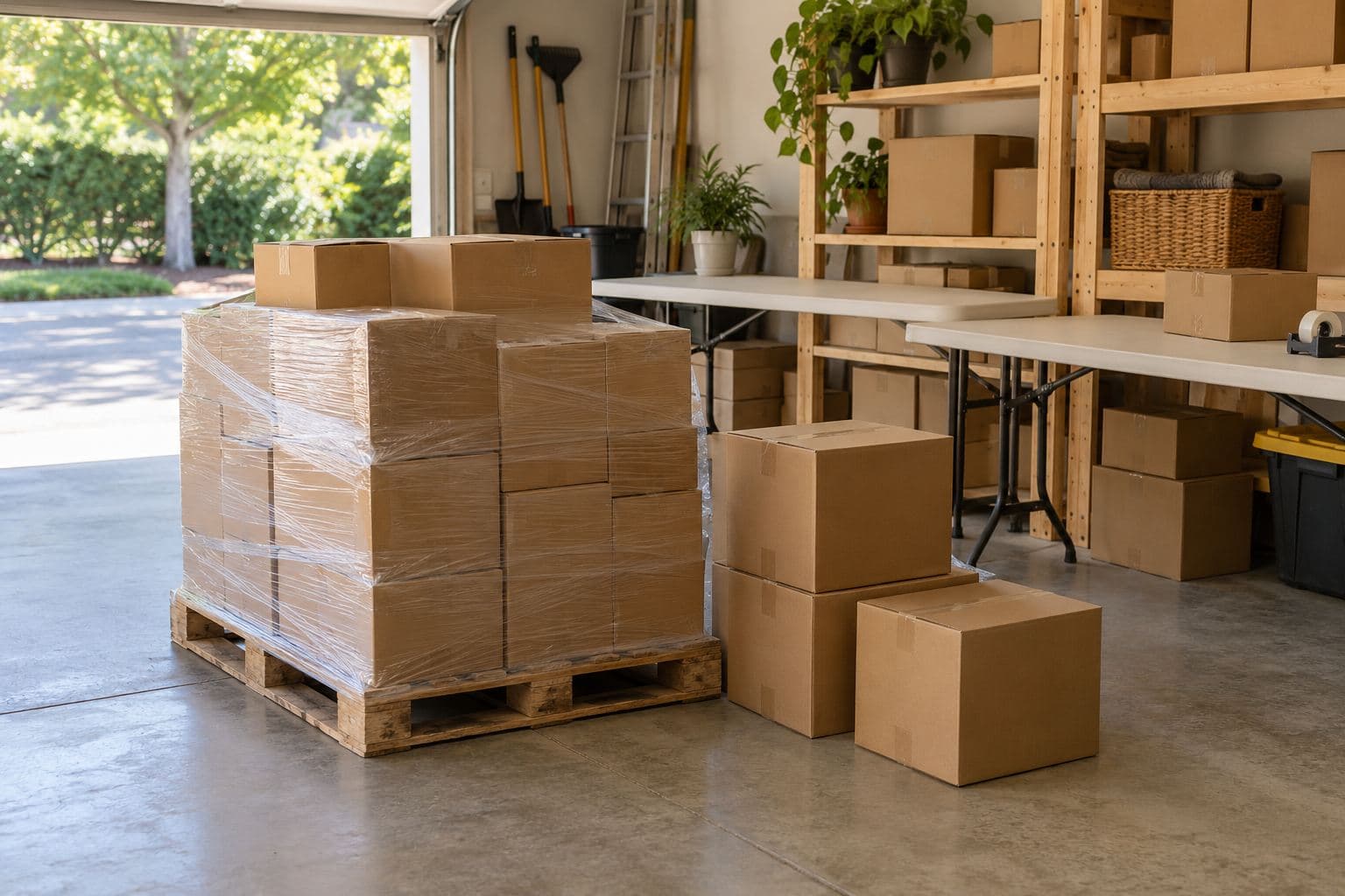 Wrapped pallet of plain closed cartons beside separate boxes in a garage
