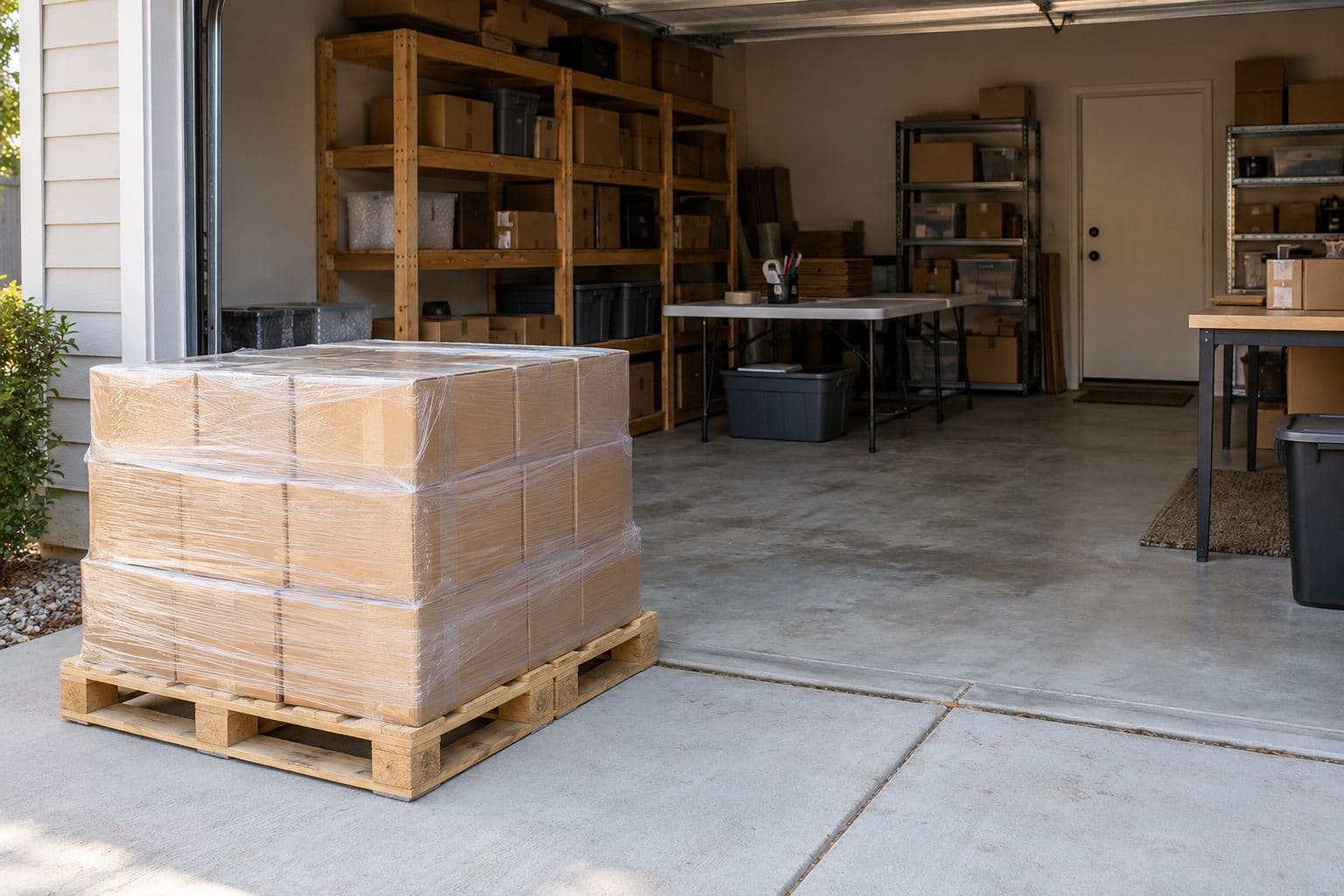 A low wrapped pallet of plain cartons beside a clear garage receiving bay