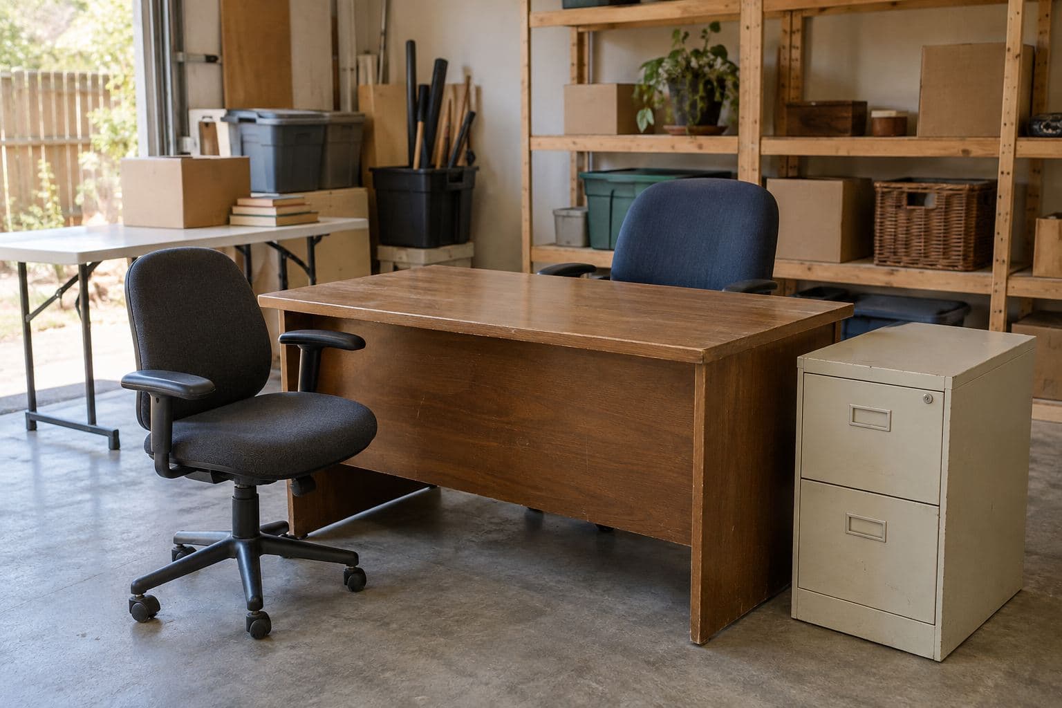 A plain desk, two office chairs and a filing cabinet staged in a reseller garage