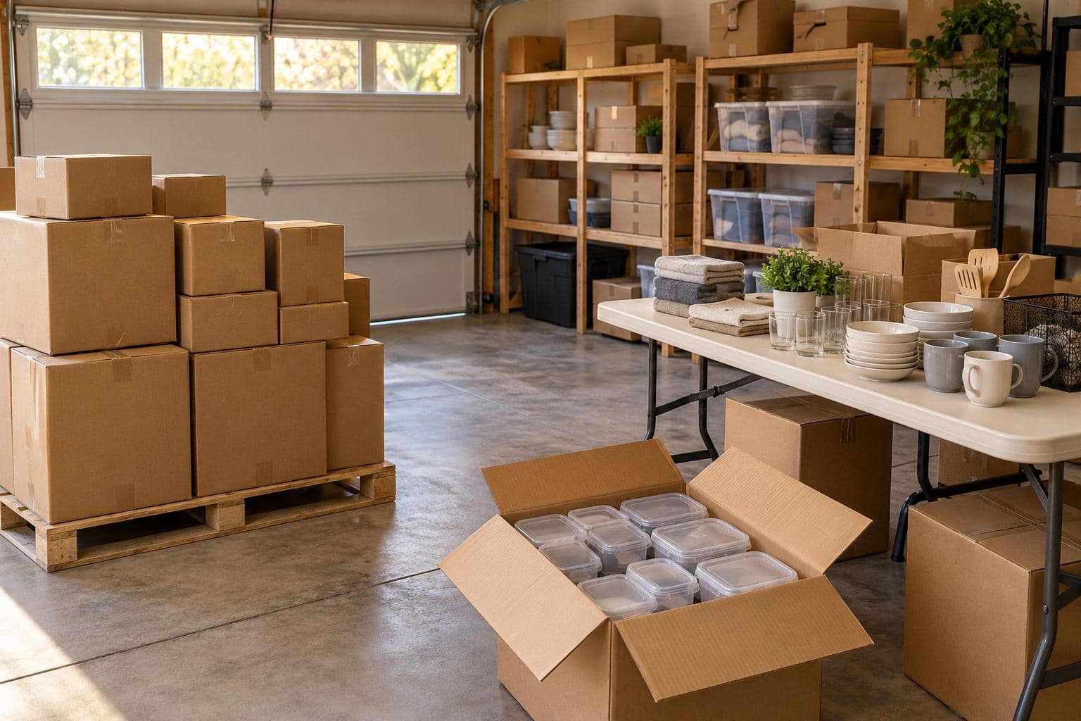Plain cartons and sorted household inventory in a modest garage