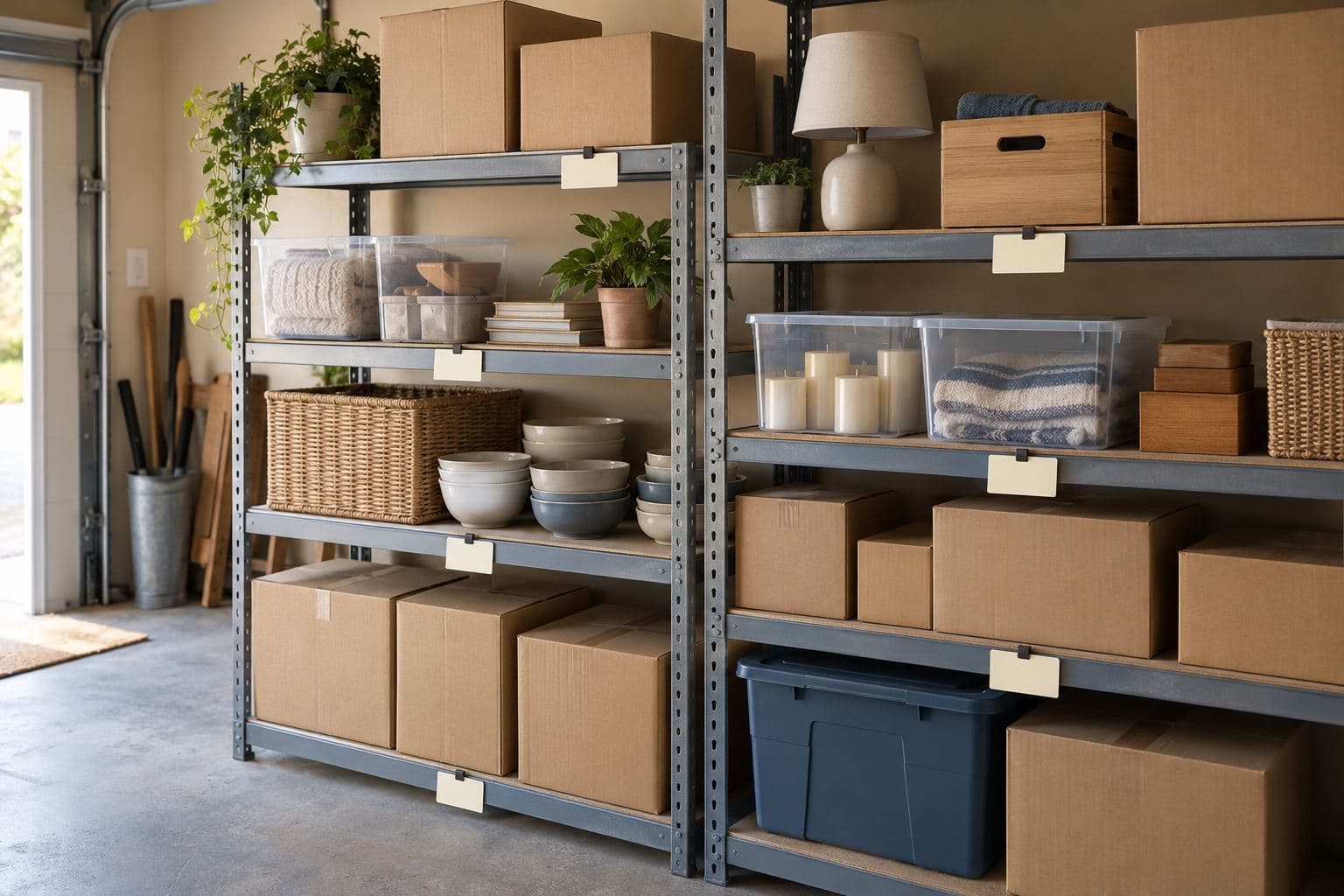 Plain cartons and grouped household items on stable shelves with blank location tags