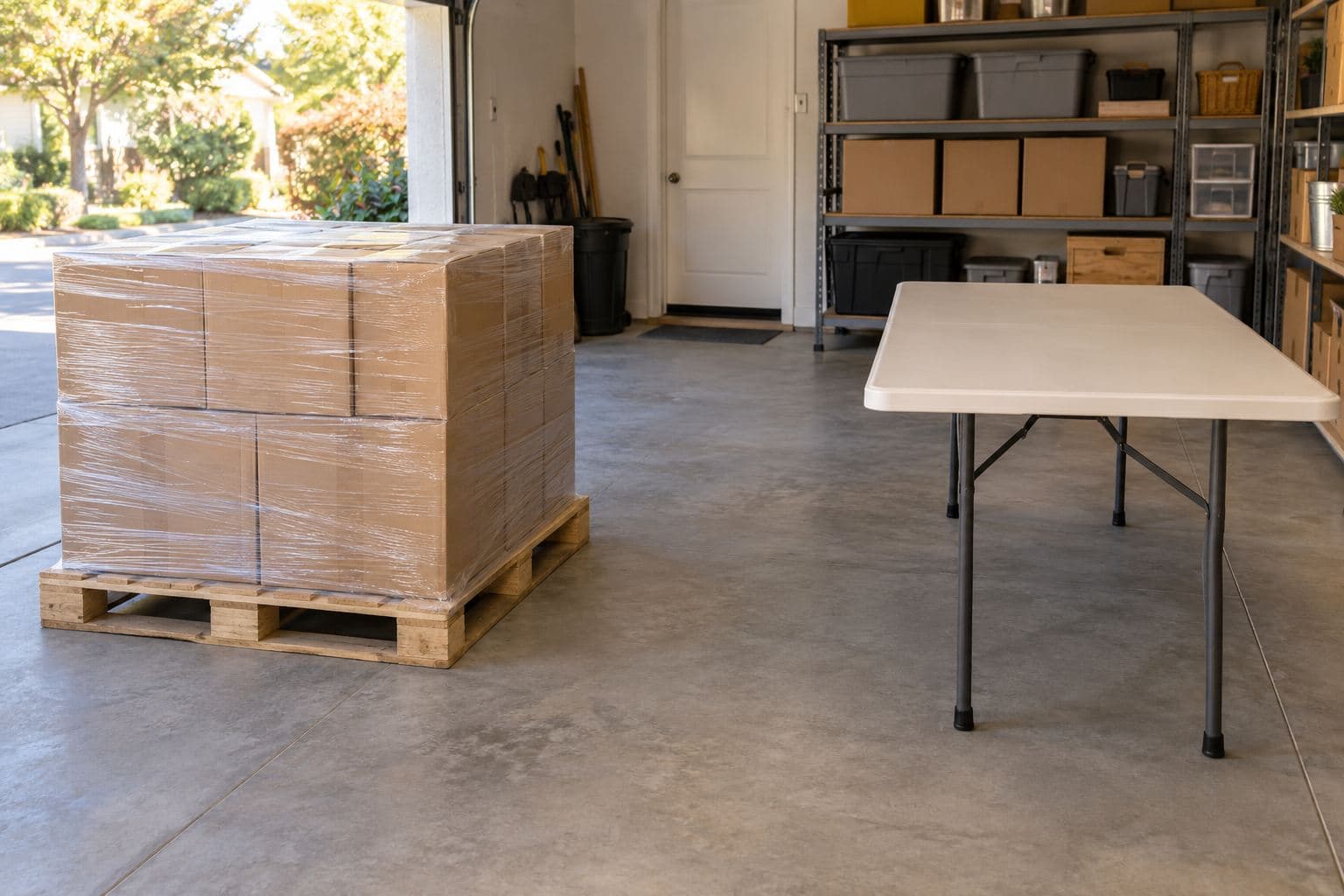 Low wrapped pallet of plain cartons beside an empty sorting table with a clear garage aisle