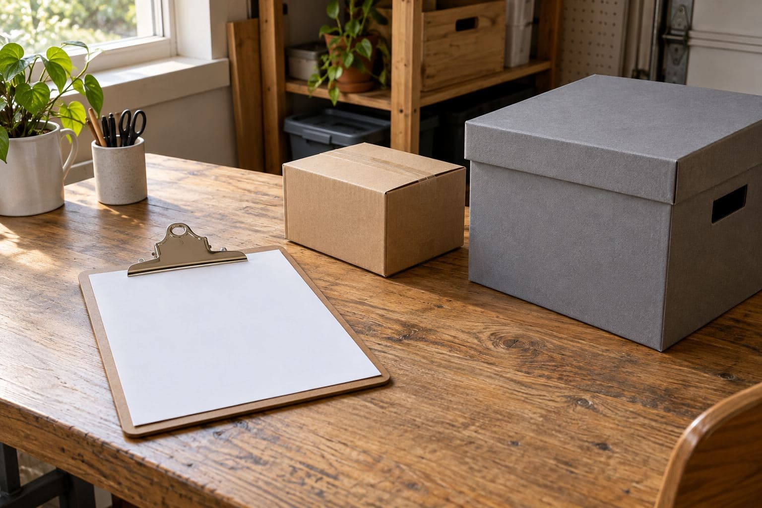A blank clipboard and plain carton on a tidy desk beside a file box