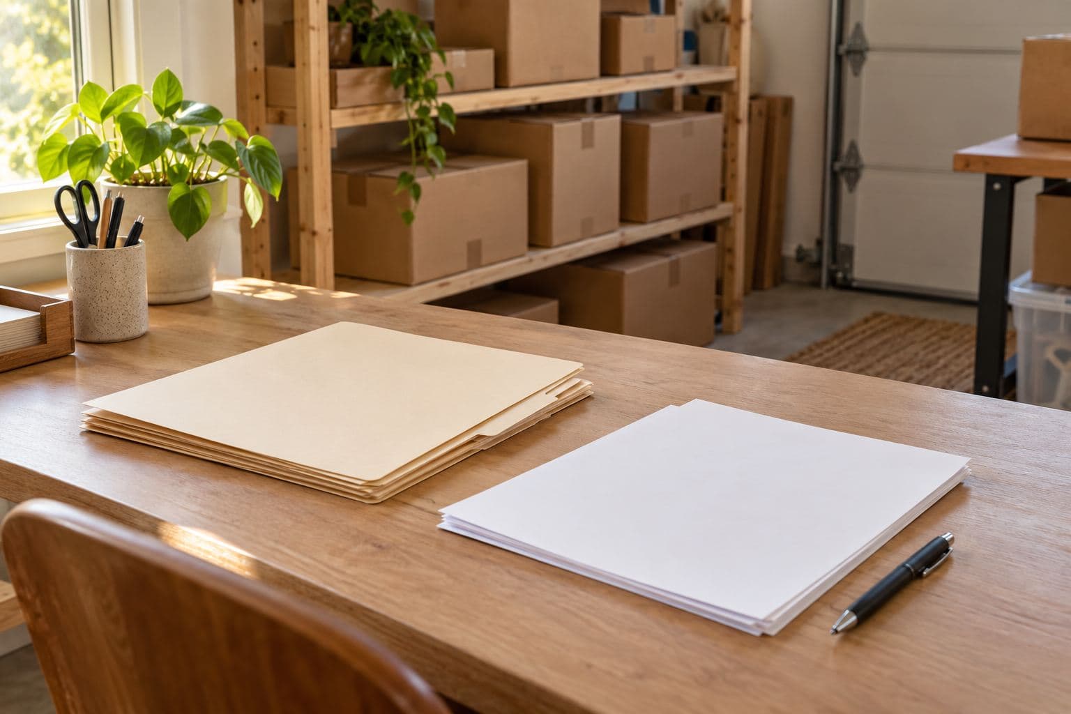 Plain folders and face-down papers beside unmarked inventory cartons