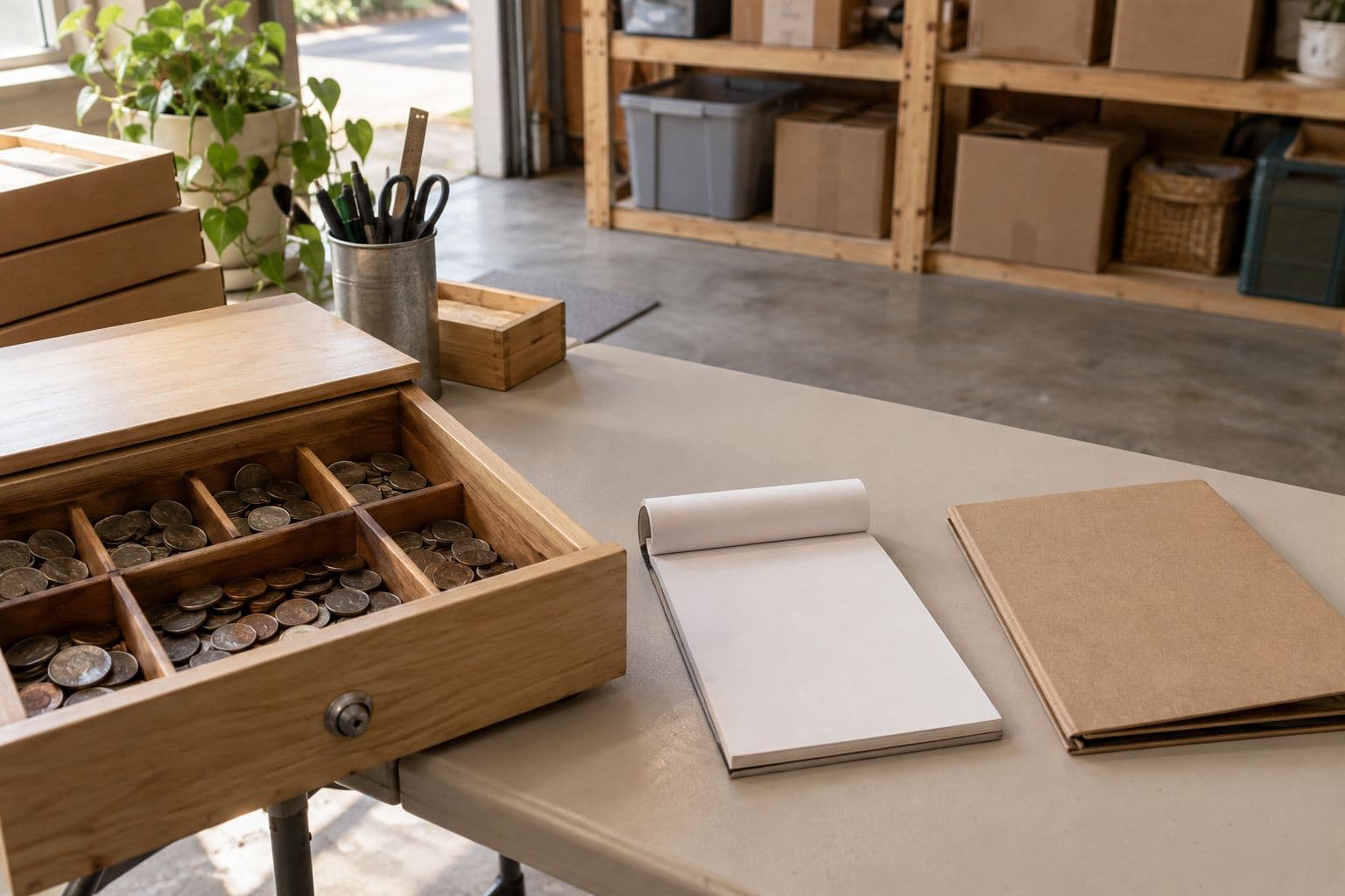 Coins in a wooden cash drawer beside a blank receipt book