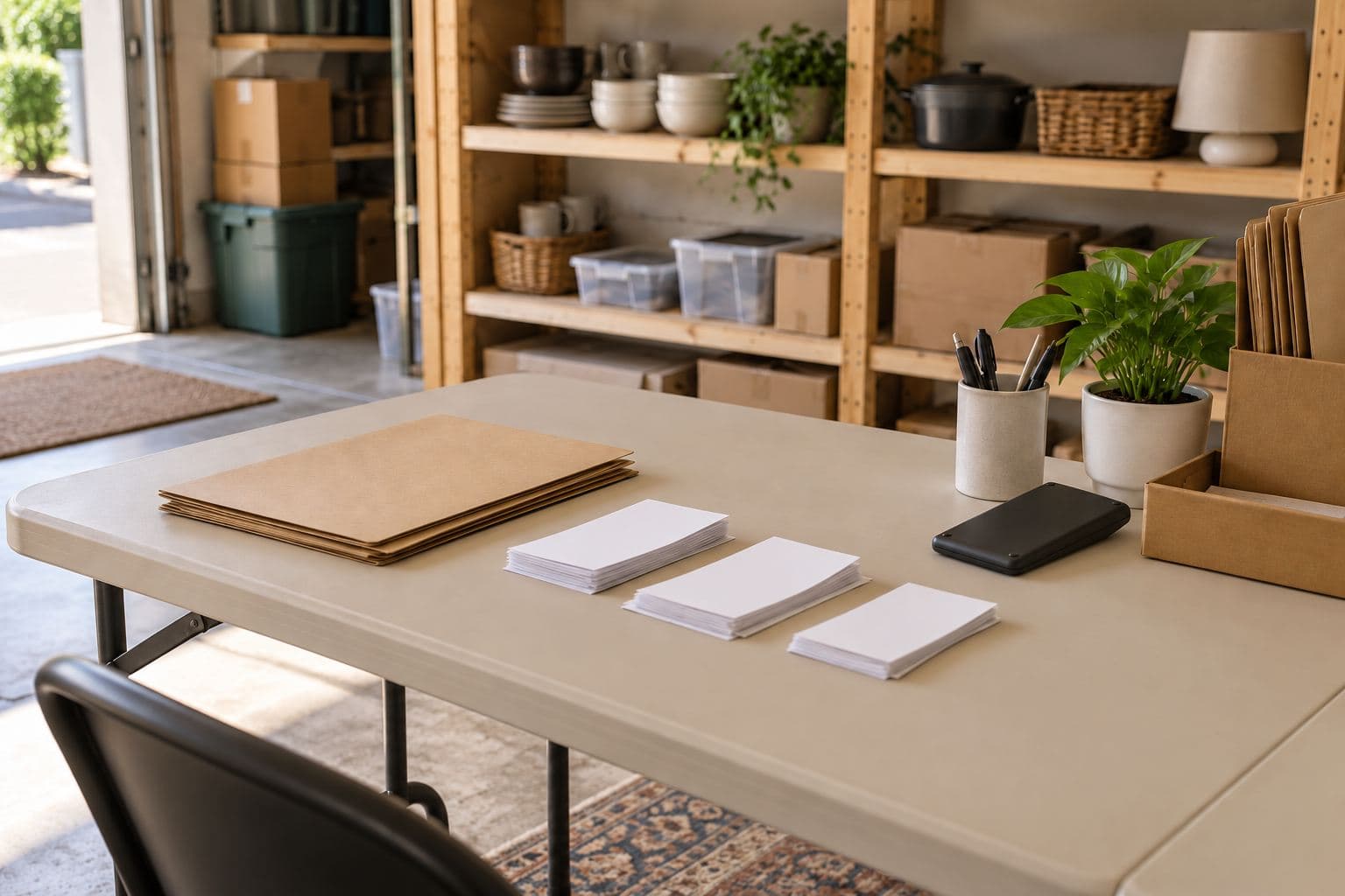 Plain folders and blank-backed receipts sorted beside a calculator