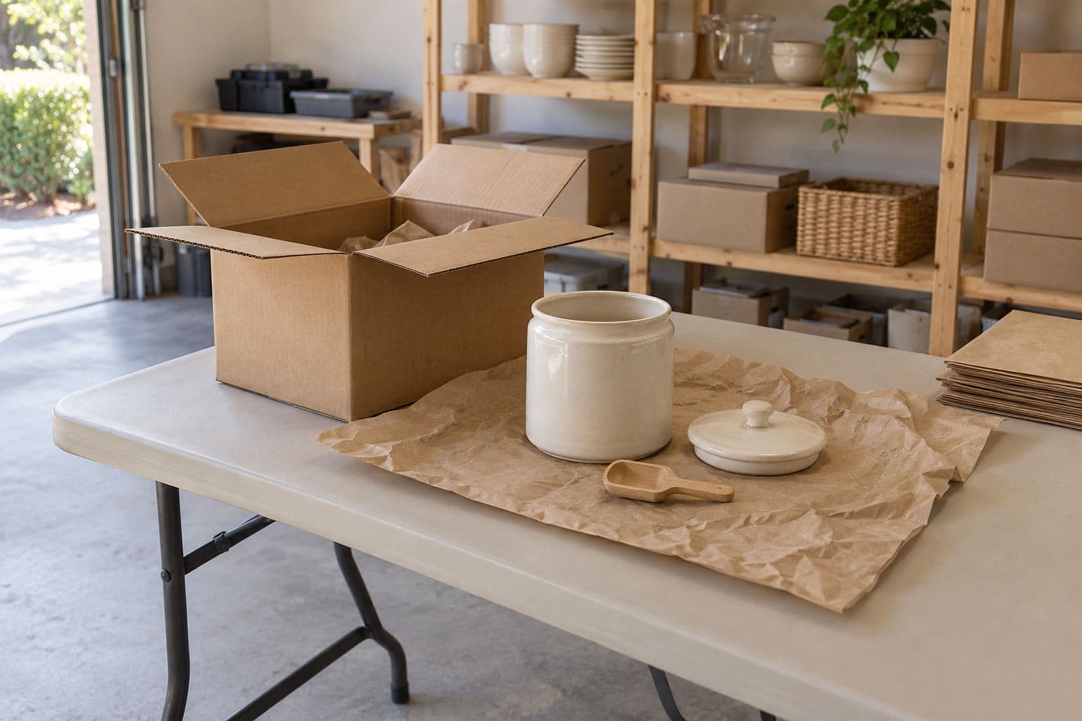Open return carton with a ceramic jar and lid on packing paper