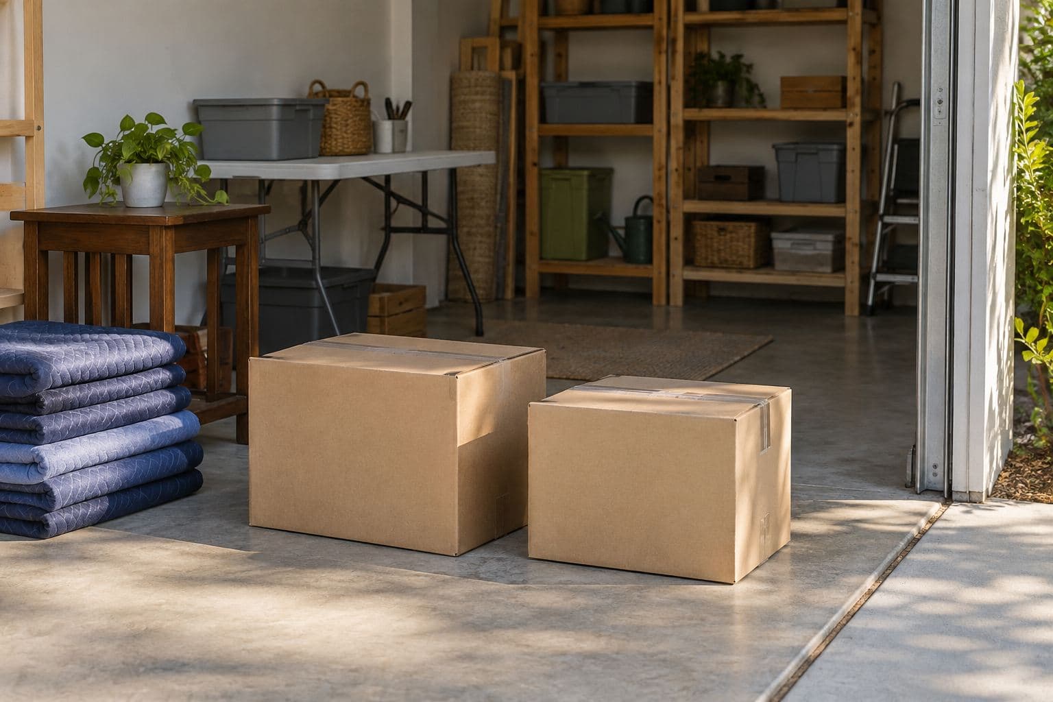 Plain furniture cartons and moving blankets beside a clear garage doorway
