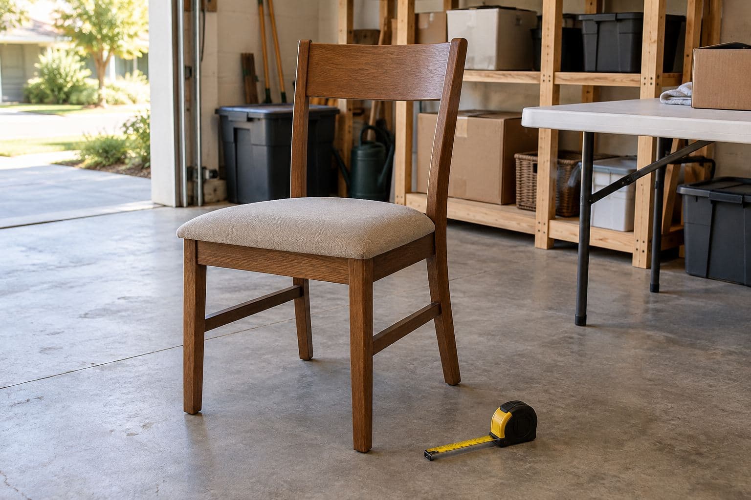 Assembled wooden chair beside a tape measure in a tidy garage