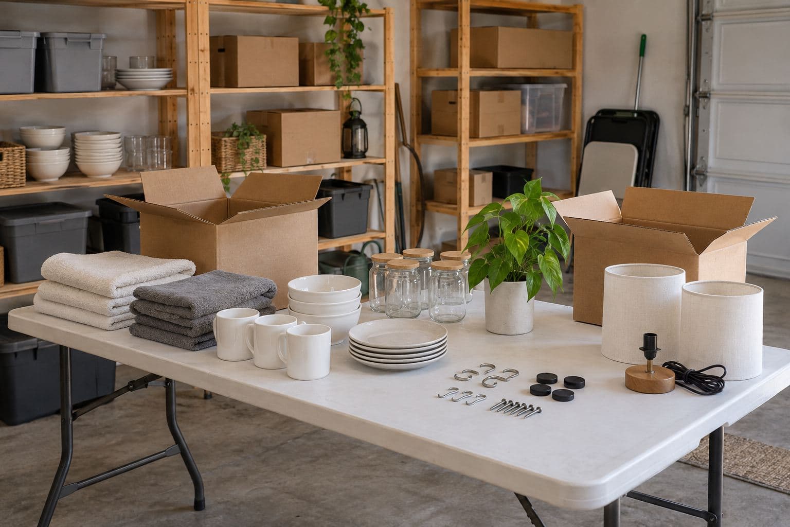 Household goods and loose parts arranged on a folding inspection table