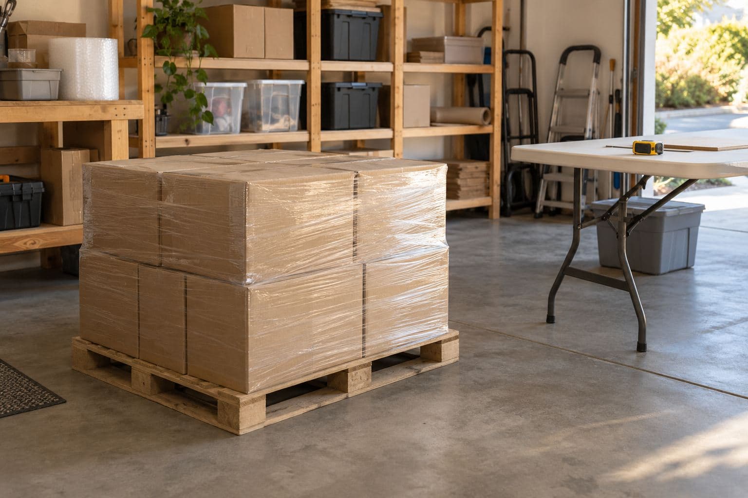 One wrapped pallet of plain cartons beside an empty garage receiving area