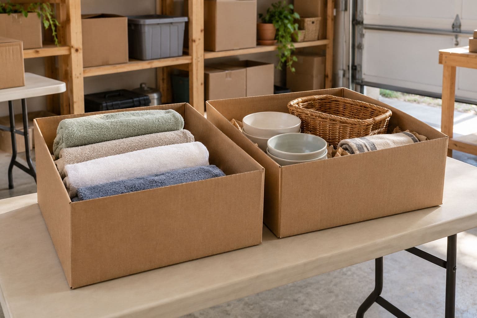 Clean towels and housewares in two plain donation boxes