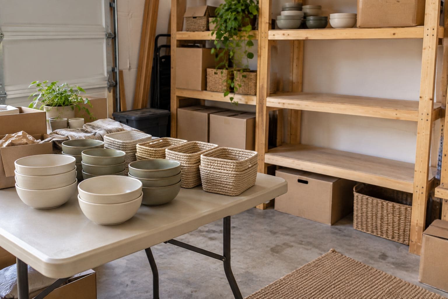 Plain bowls and baskets grouped beside cleared garage shelf space