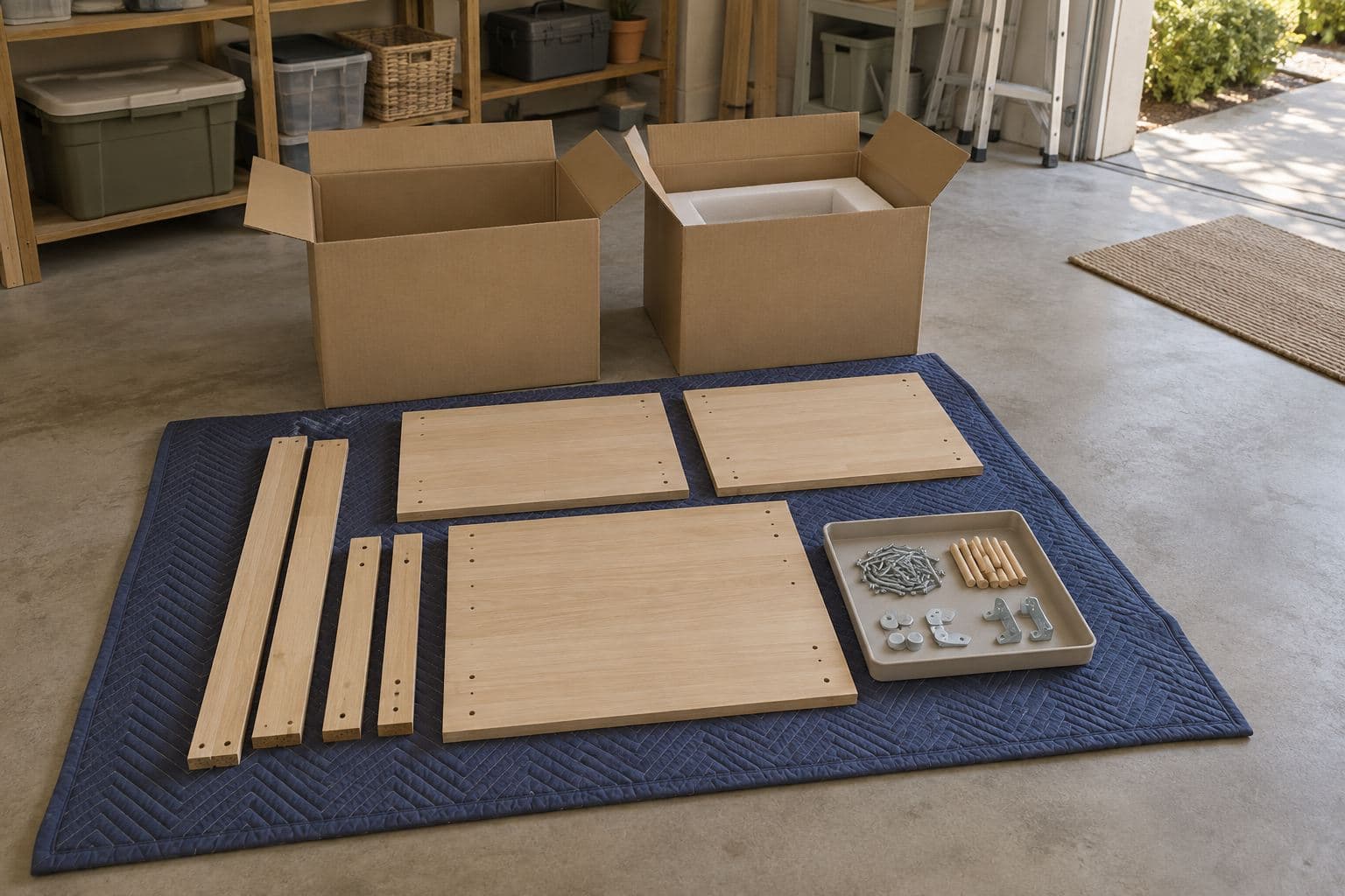 Flat-pack furniture panels with grouped hardware and matching plain cartons on a padded floor