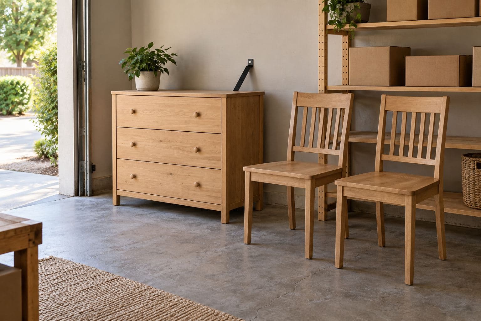 Plain dresser secured to a garage wall beside two dining chairs and a clear aisle
