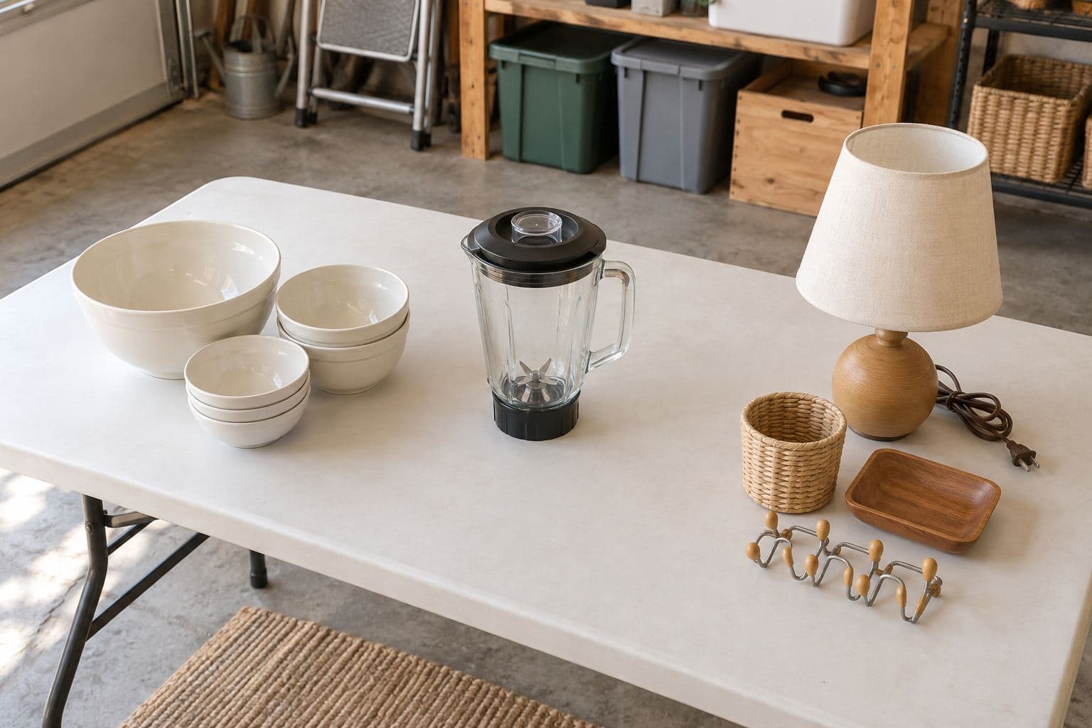 Bowls, a blender jar without its base, and a lamp in separate groups