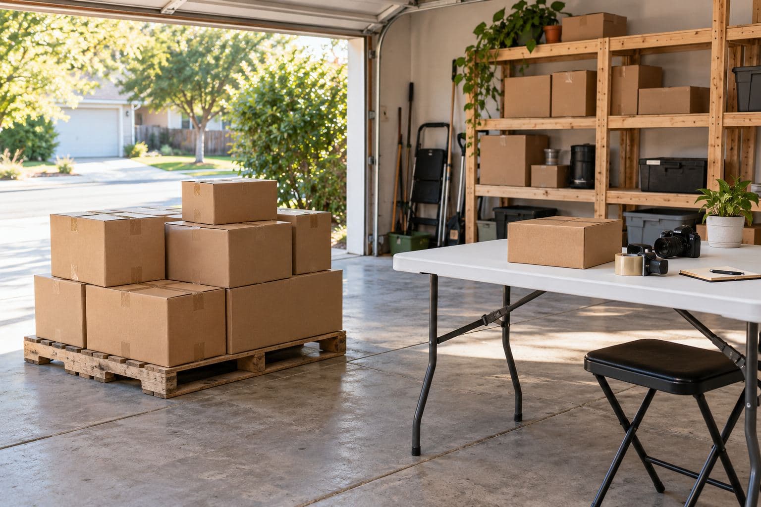 One pallet of plain cartons beside a sorting table in a tidy garage