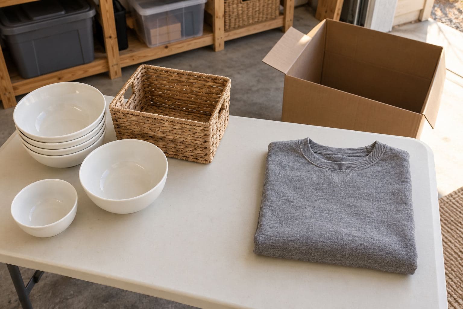 Household bowls, storage basket and folded garment separated on a garage sorting table