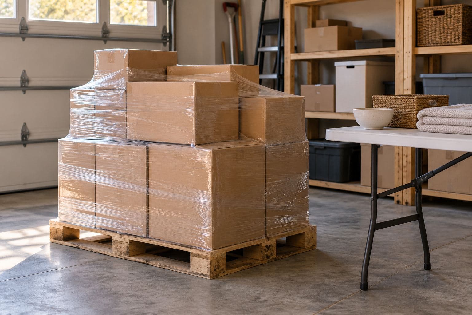 Short pallet of plain hardgoods cartons beside a bowl, basket and folded textiles