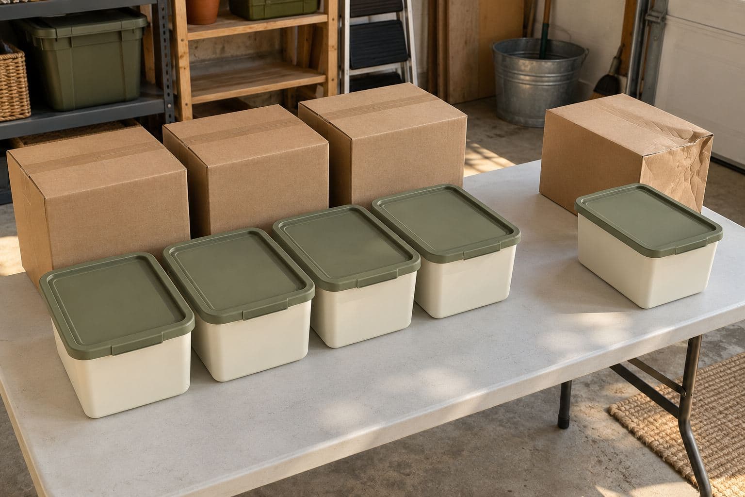 Duplicate plain household containers with one damaged carton kept separately