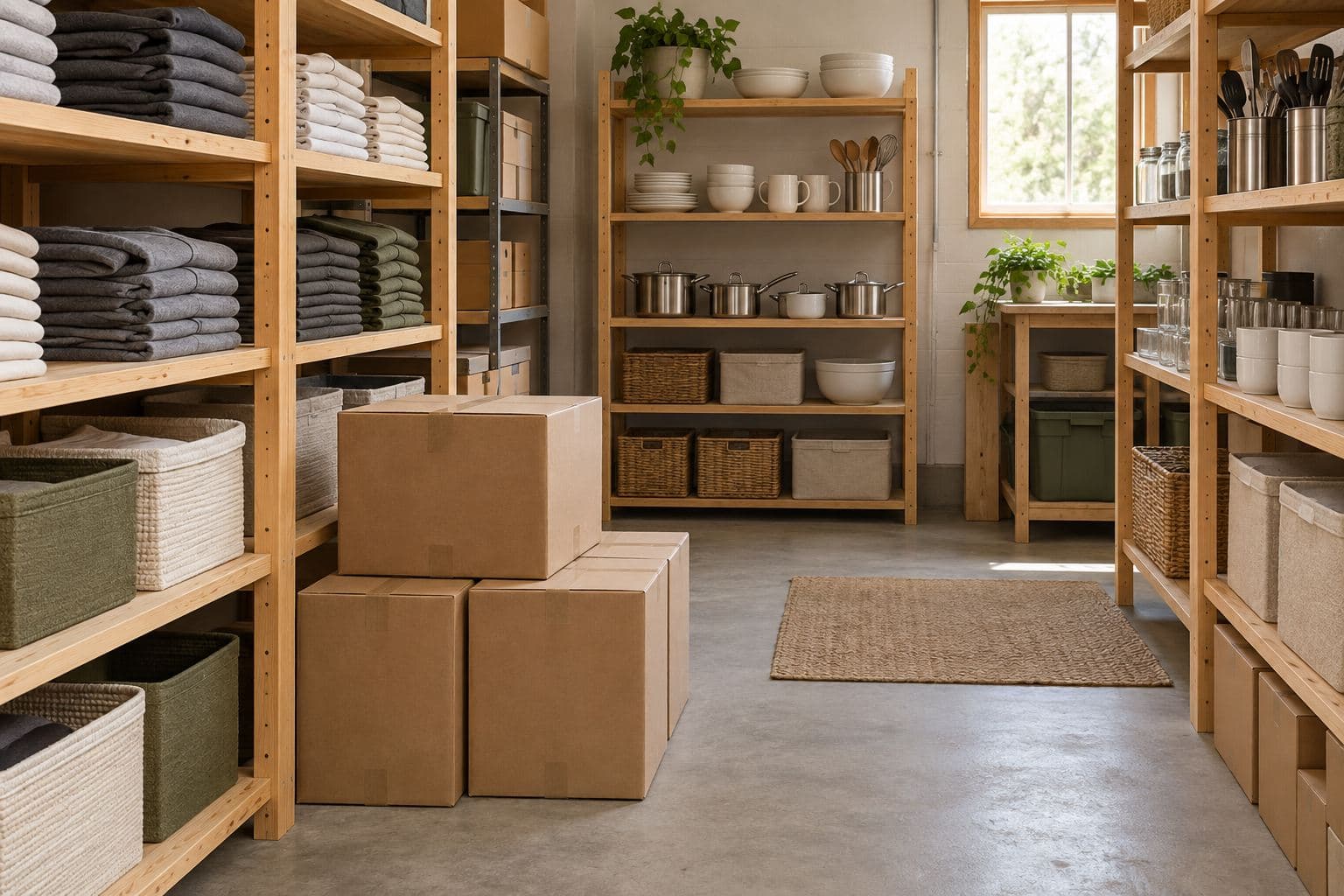 Plain cartons beside folded clothing, kitchenware and storage baskets on garage shelves