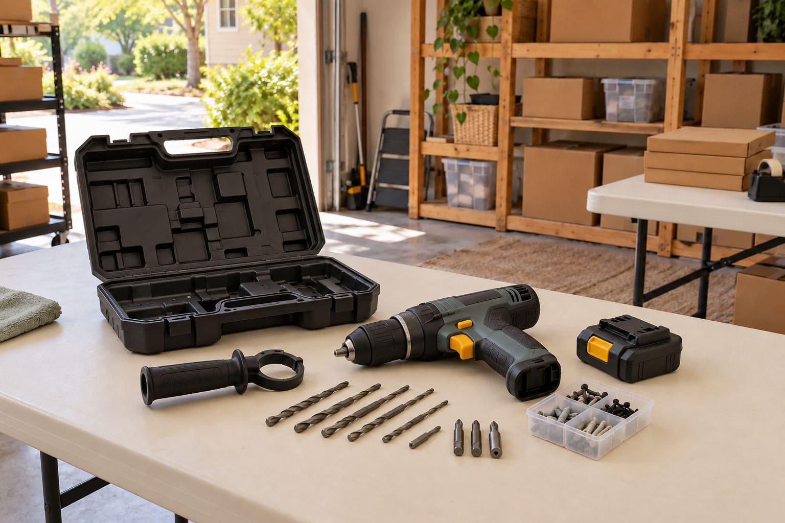 Open tool case with a drill, loose bits, a handle and a parts tray