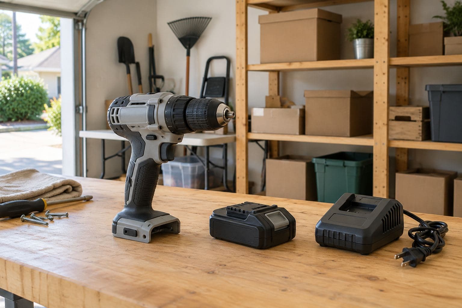 Cordless drill with its battery detached beside an unplugged charger