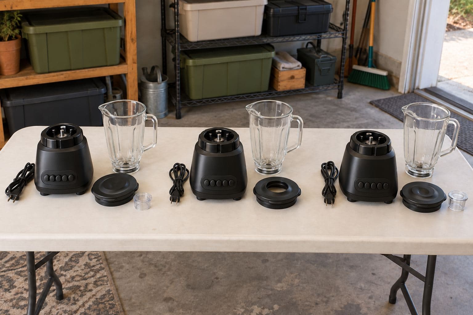 Three similar blender bases with jars, lids and accessories kept in separate groups