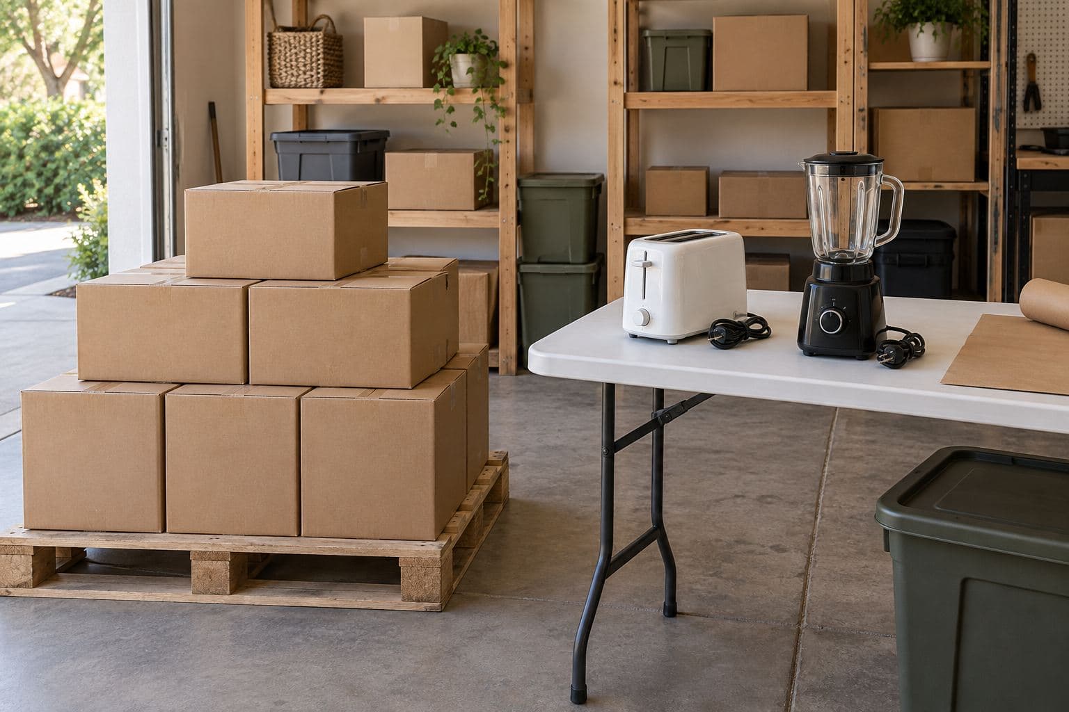 Plain cartons on a low pallet beside an unplugged toaster and blender in a garage